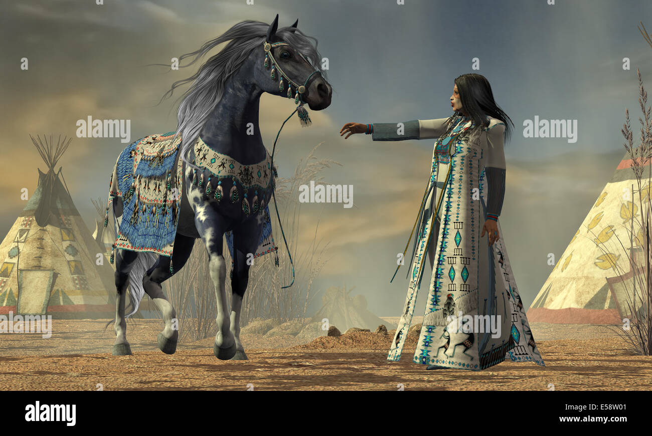 White Cloud tries to calm her horse in an American Indian camp full of tepees. Stock Photo