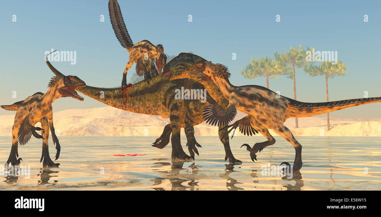A pack of Deinonychus dinosaurs attack a Tenontosaurus during the