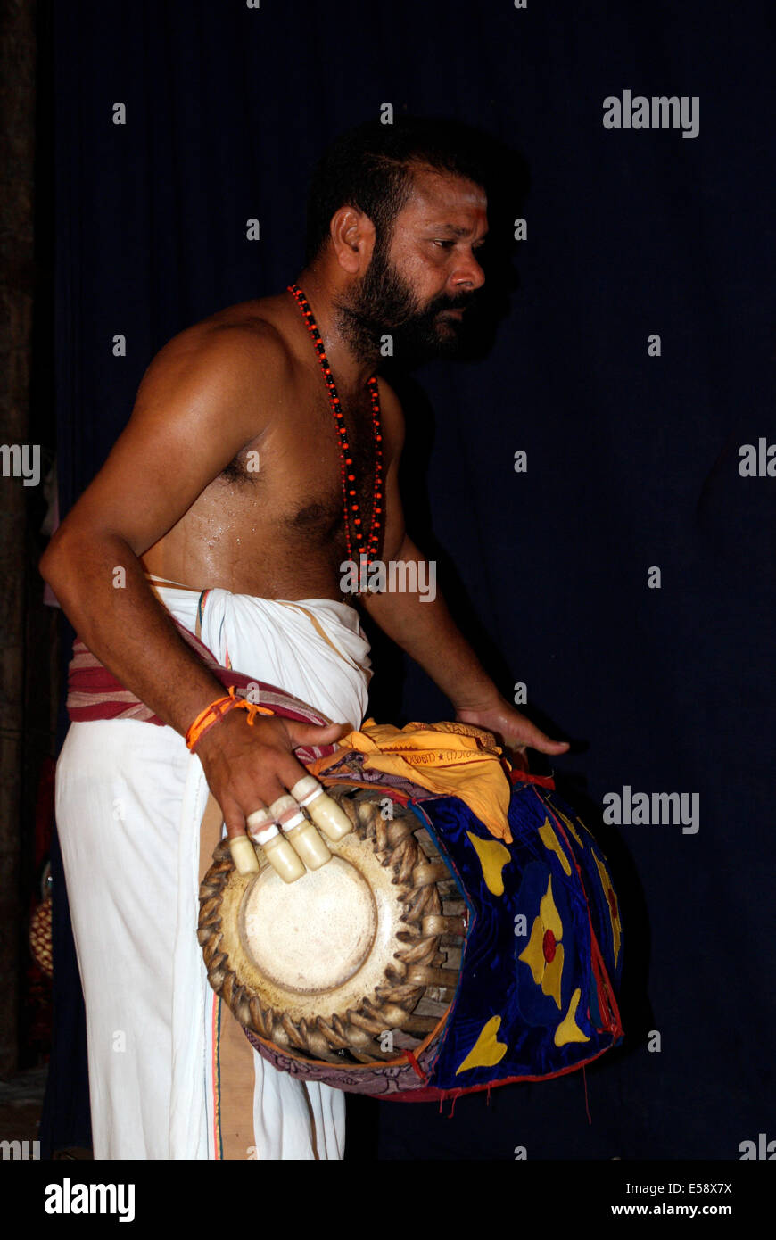 Classical Chenda Drum Player in Kathakali art at Kerala India Stock Photo