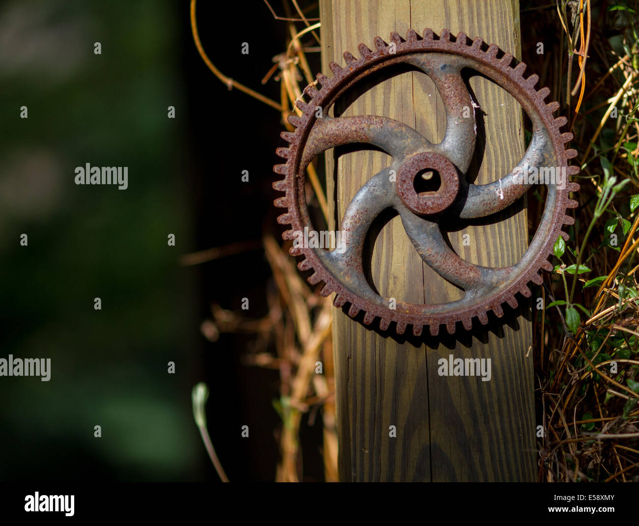A rusting gear finds new life as a decoration in rural West Virginia Stock Photo