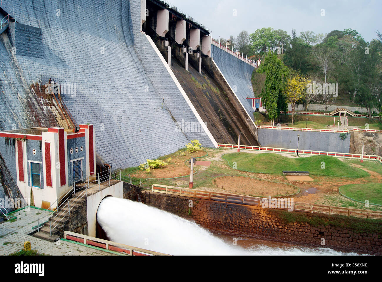 Spillway Water flowing at Concrete Gravity Dam view at Neyyar Dam Kerala India Stock Photo