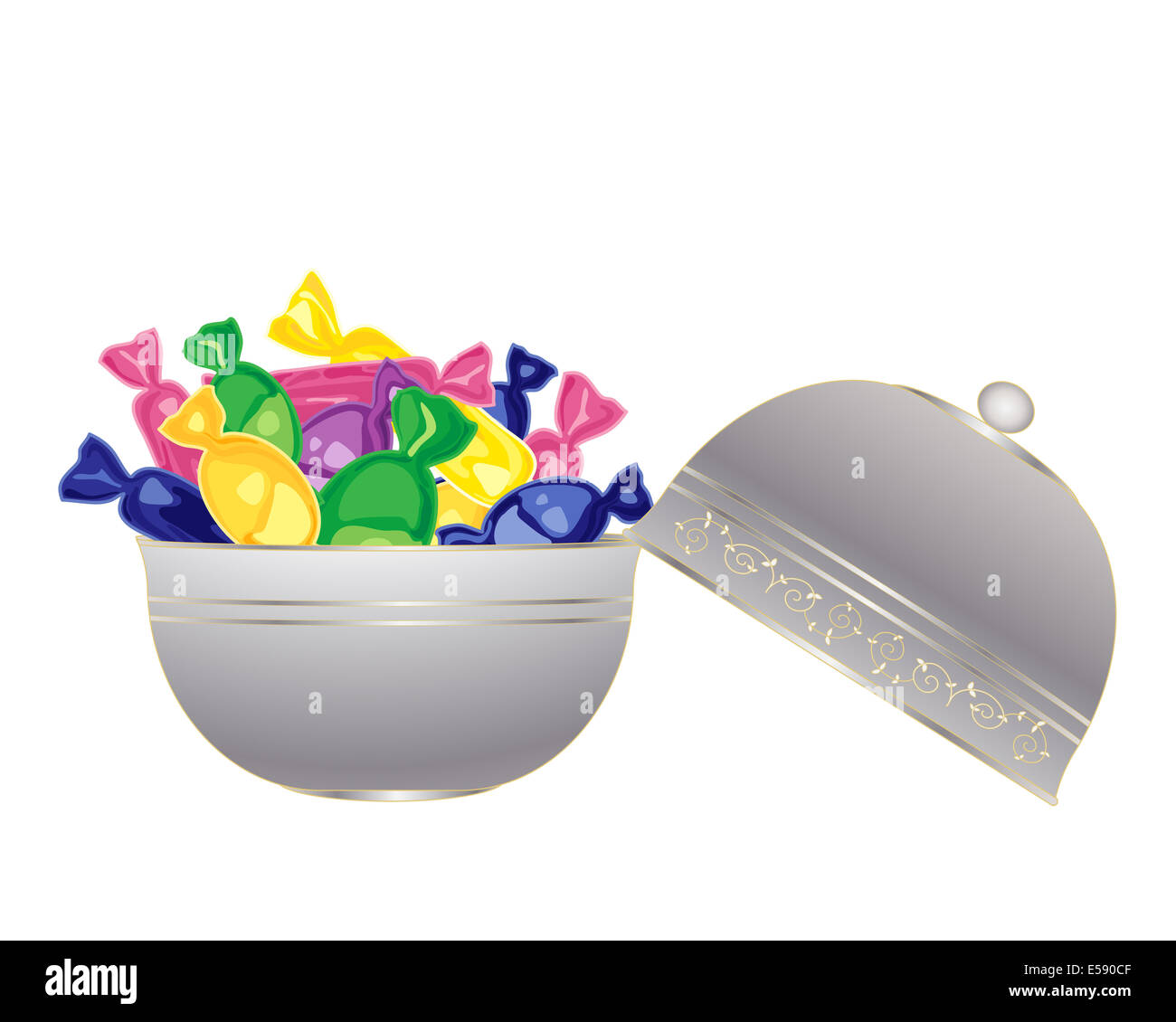 an illustration of a fancy silver bowl full of colorful wrapped sweets on a white background Stock Photo