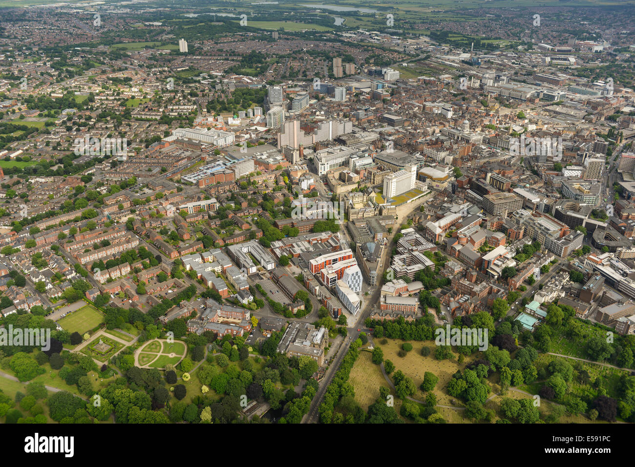 An aerial view showing the vicinity of Nottingham Trent University in Nottingham City Centre. Stock Photo