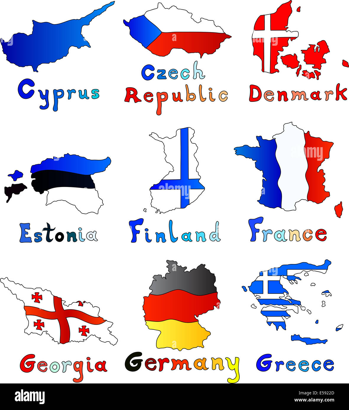 set of Europe maps with color flag illustration in colors. Stock Photo