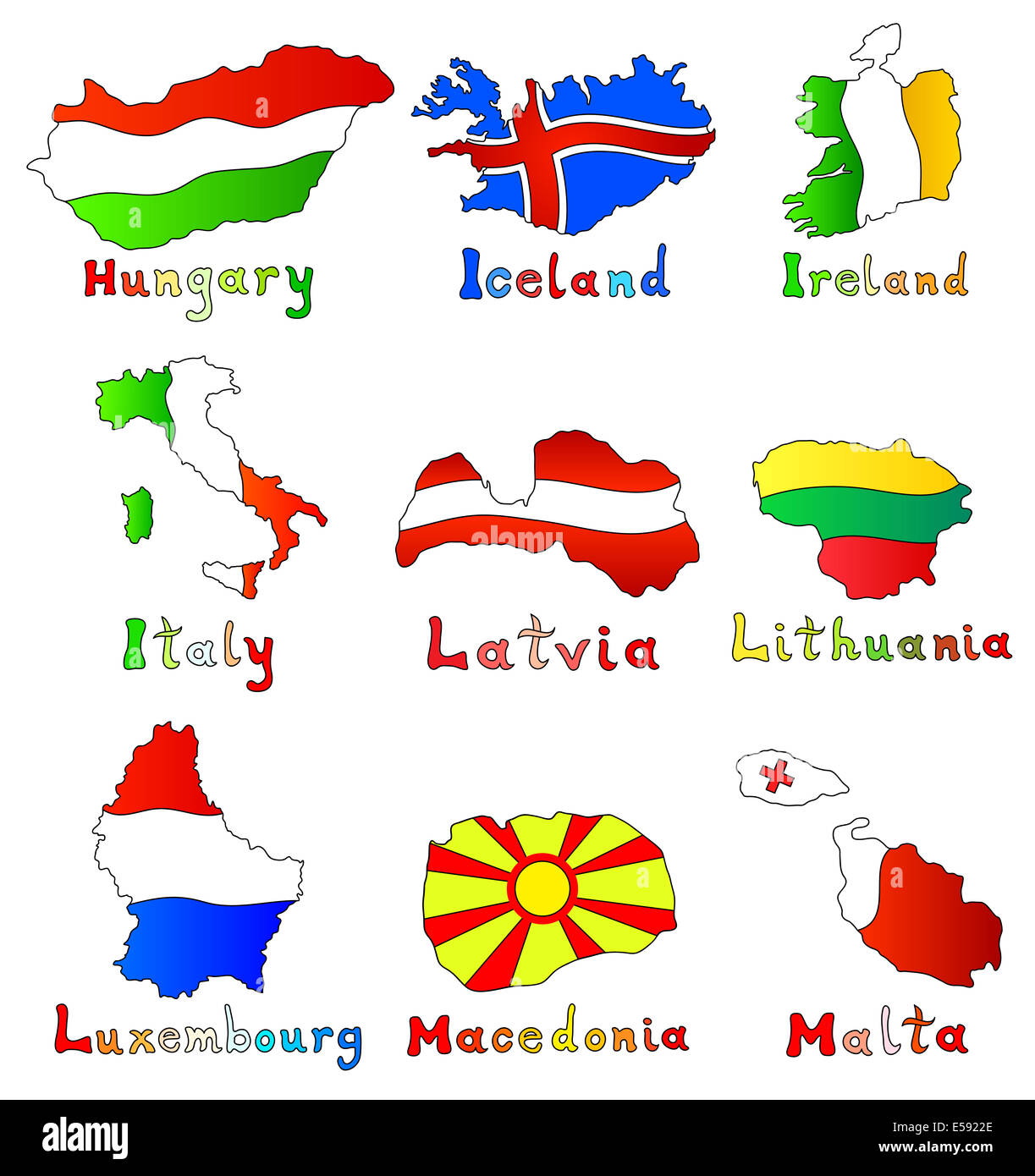 set of Europe maps with color flag illustration in colors. Stock Photo