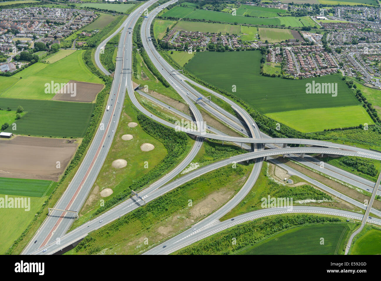 An aerial view of the Ferrybridge Junction of the A1(M) and the M62 in West Yorkshire Stock Photo