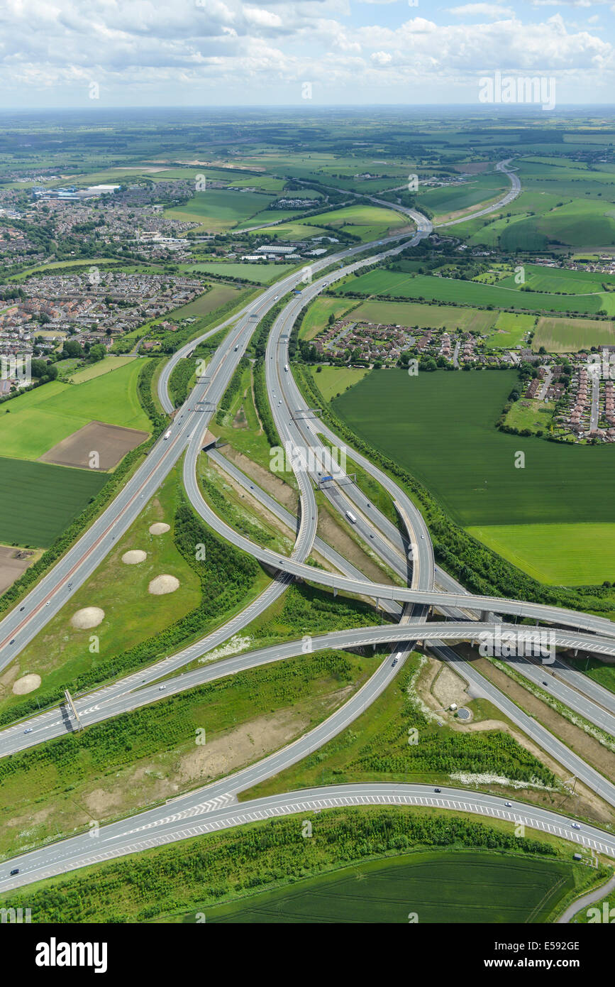 An aerial view of the Ferrybridge Junction of the A1(M) and the M62 in West Yorkshire Stock Photo