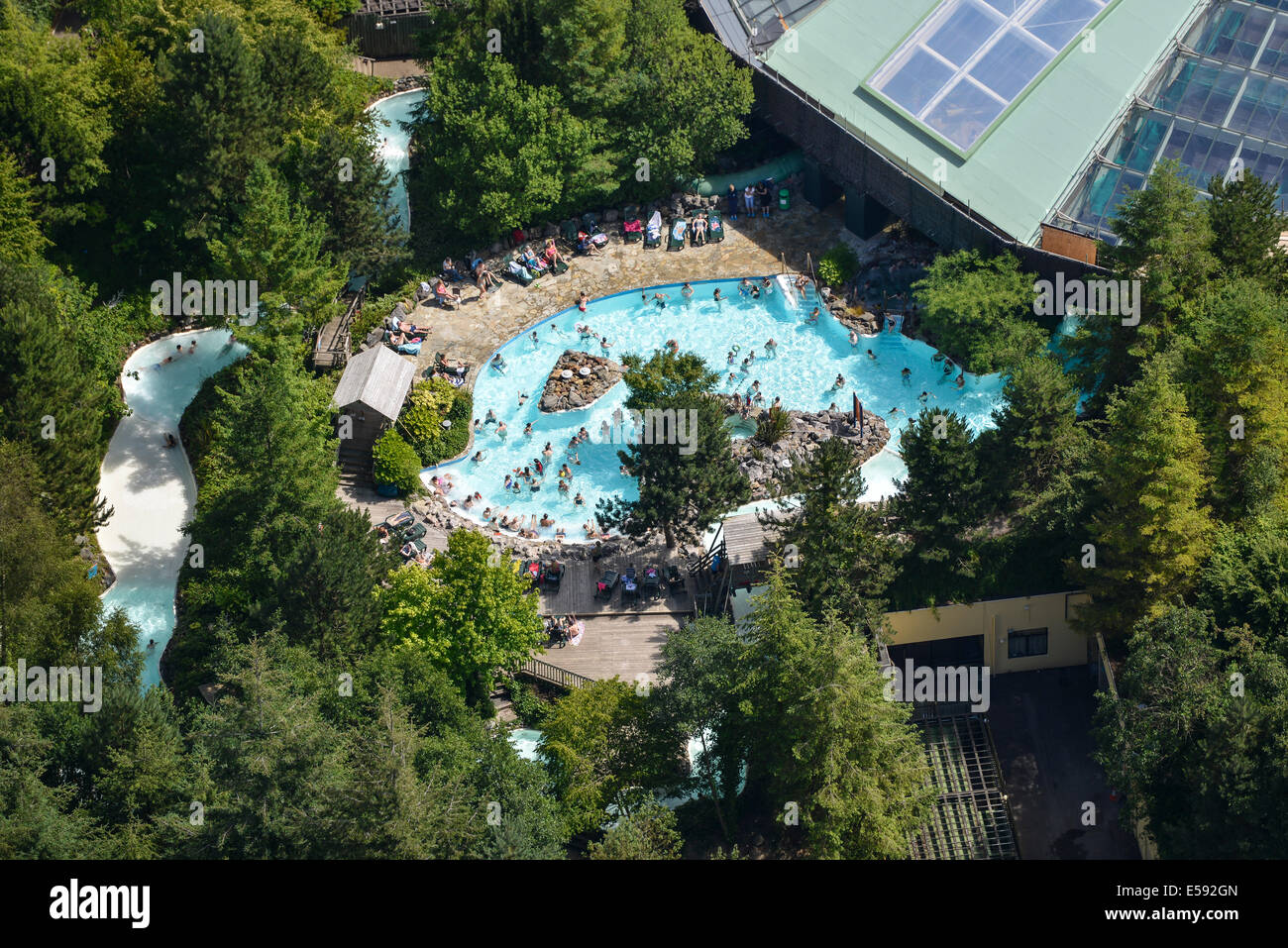 A close up aerial view of an outdoors swimming pool at Centre Parcs near Warminster in the UK Stock Photo