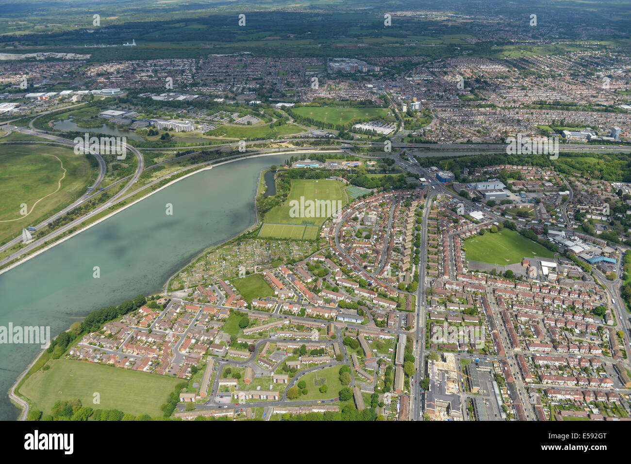 An aerial view looking north over the Hilsea area of Portsmouth, Hampshire UK Stock Photo
