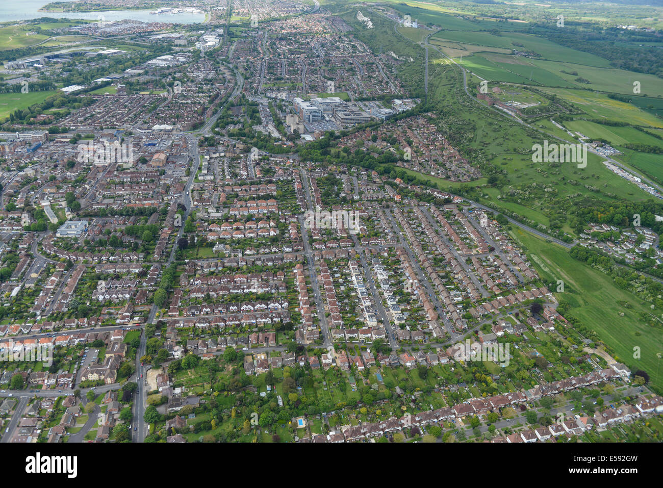 An aerial view of Cosham and Drayton to the north of Portsmouth in Hampshire, UK Stock Photo