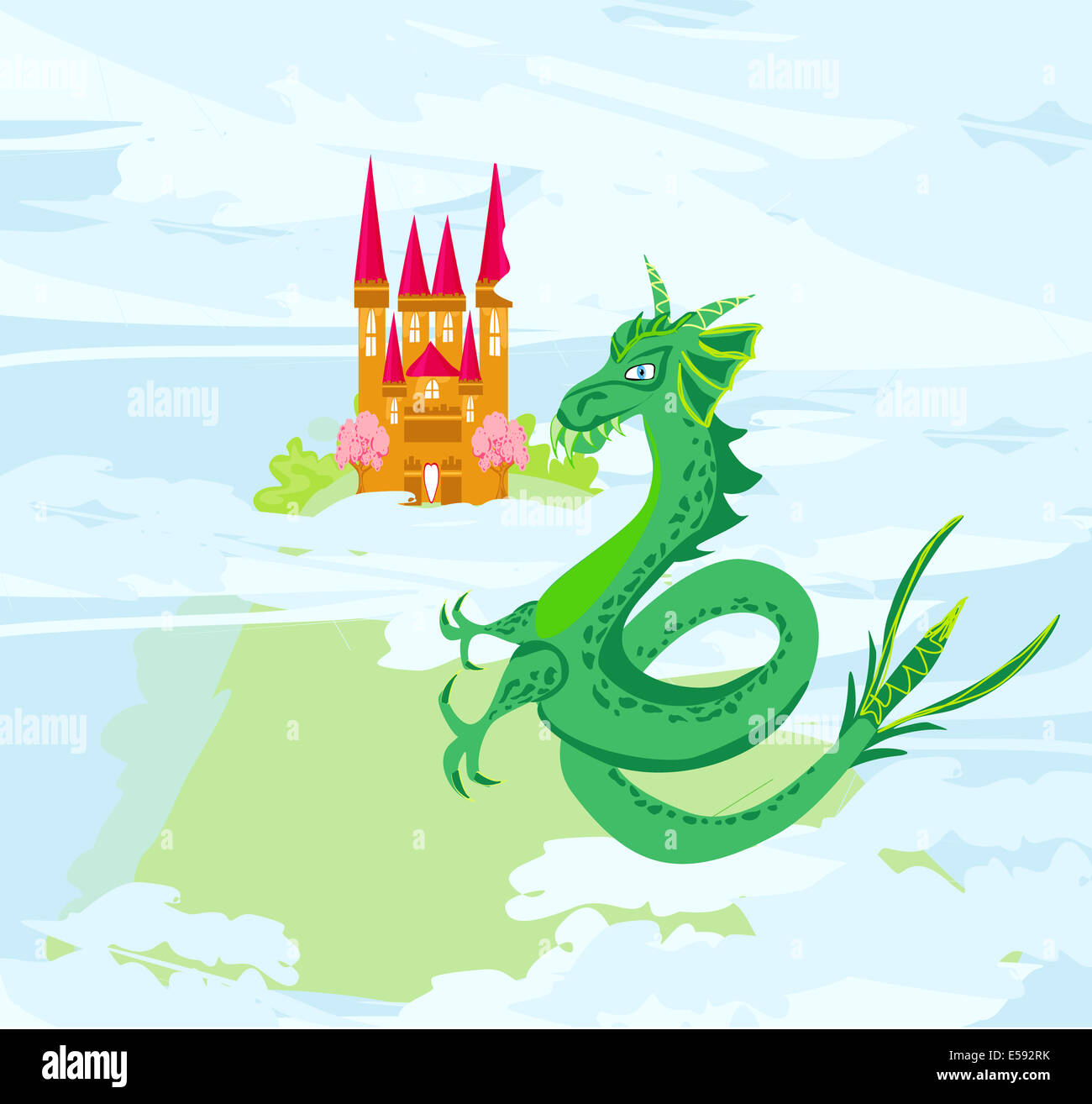 magical fairytale green Dragon near the magic castle Stock Photo - Alamy