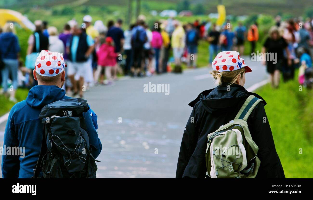 Spectators wearing 'king of the mountains' caps on the 2014 Tour de France route through south Yorkshire England Europe Stock Photo