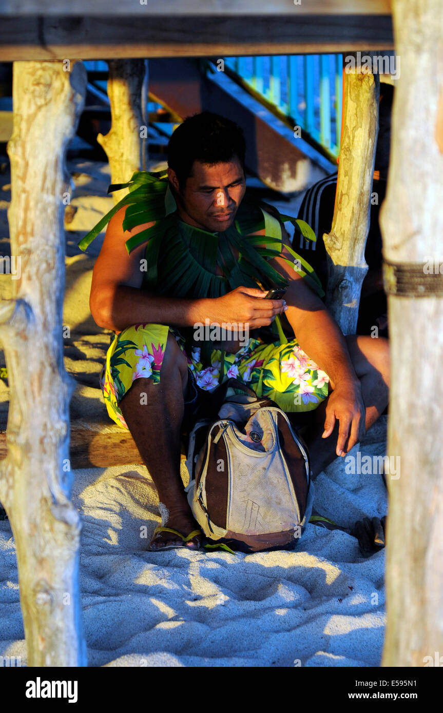 Travelling through Samoa in February 2014. Dancer shortly before performing for tourists at the beach. Stock Photo