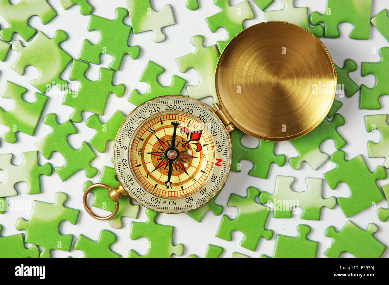 compass on the green puzzle Stock Photo Alamy