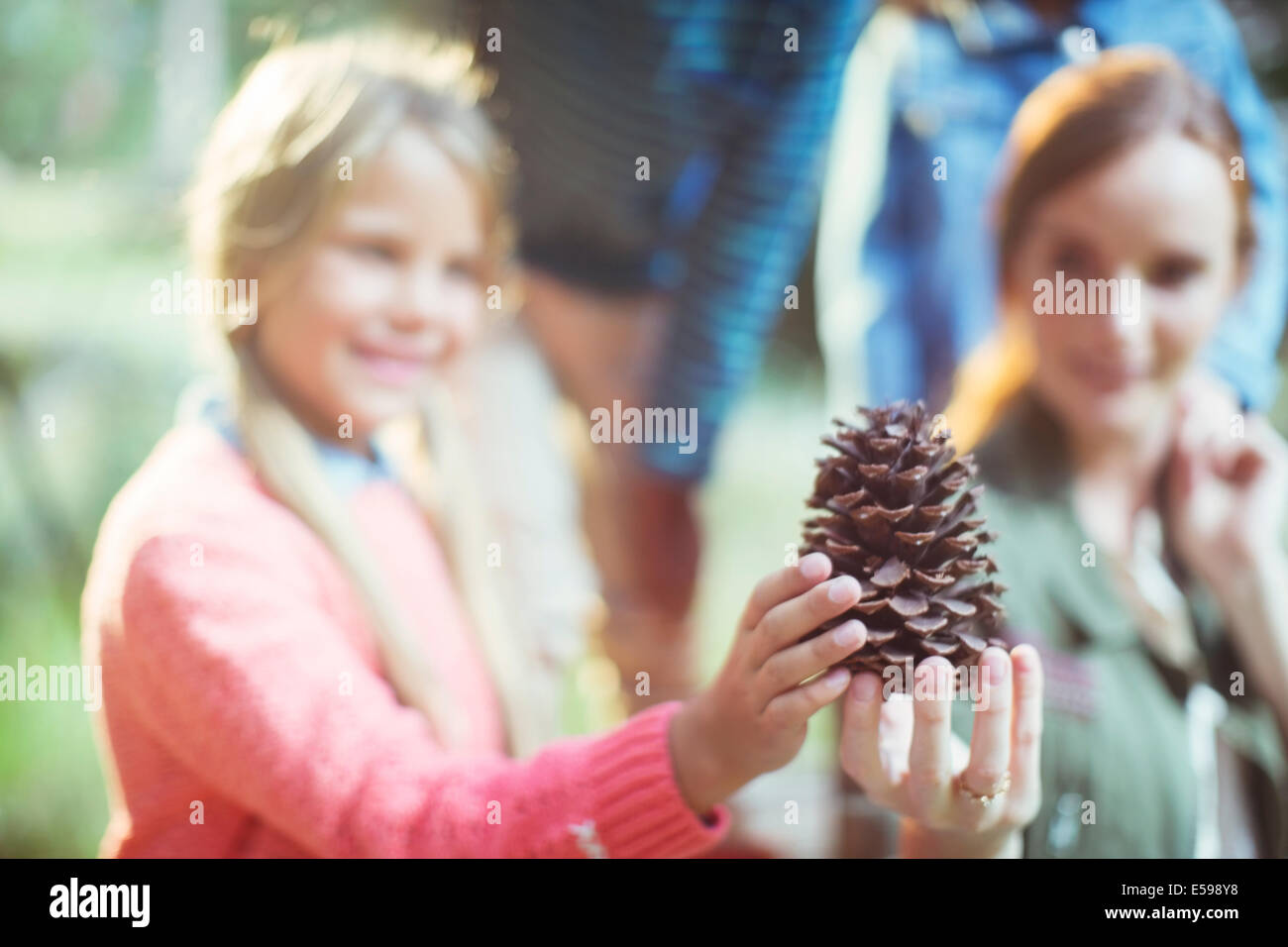 Students and teacher holding pine cone in forest Stock Photo