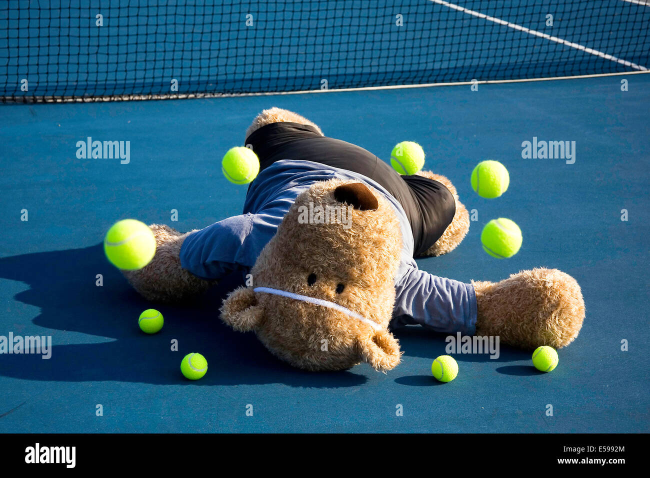 Adelaide Debtor Objected Oversized teddy bear dressed as a tennis player laying on tennis court with  bouncing balls Stock Photo - Alamy