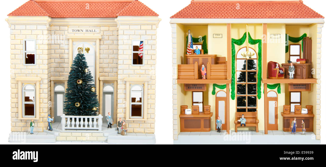 Miniature Town Hall with workers, judges, mayor, police. Stock Photo