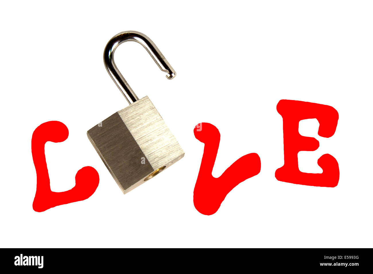 The word LOVE spelled in wooden letters with the o replaced by an open lock Stock Photo