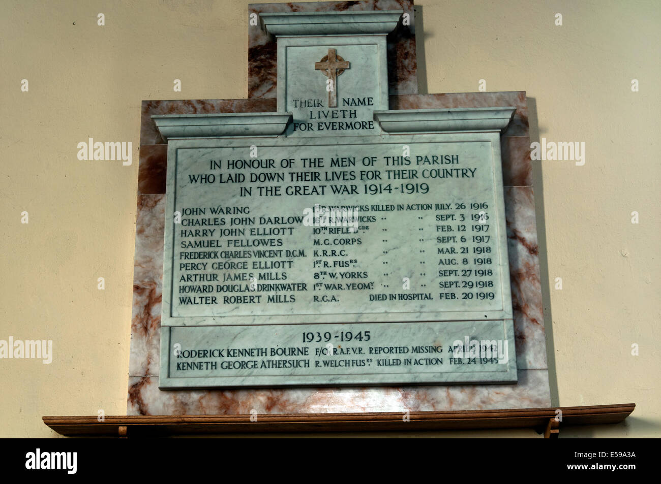 War memorial plaque, St Giles Church, Bubbenhall, Warwickshire, England, UK Stock Photo