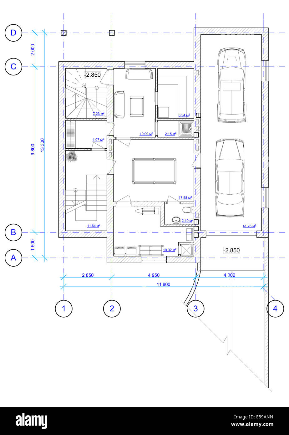 Architectural Black and White Plan of 0 floor of house with a placement of furniture (see other floors in my portfolio) Stock Photo