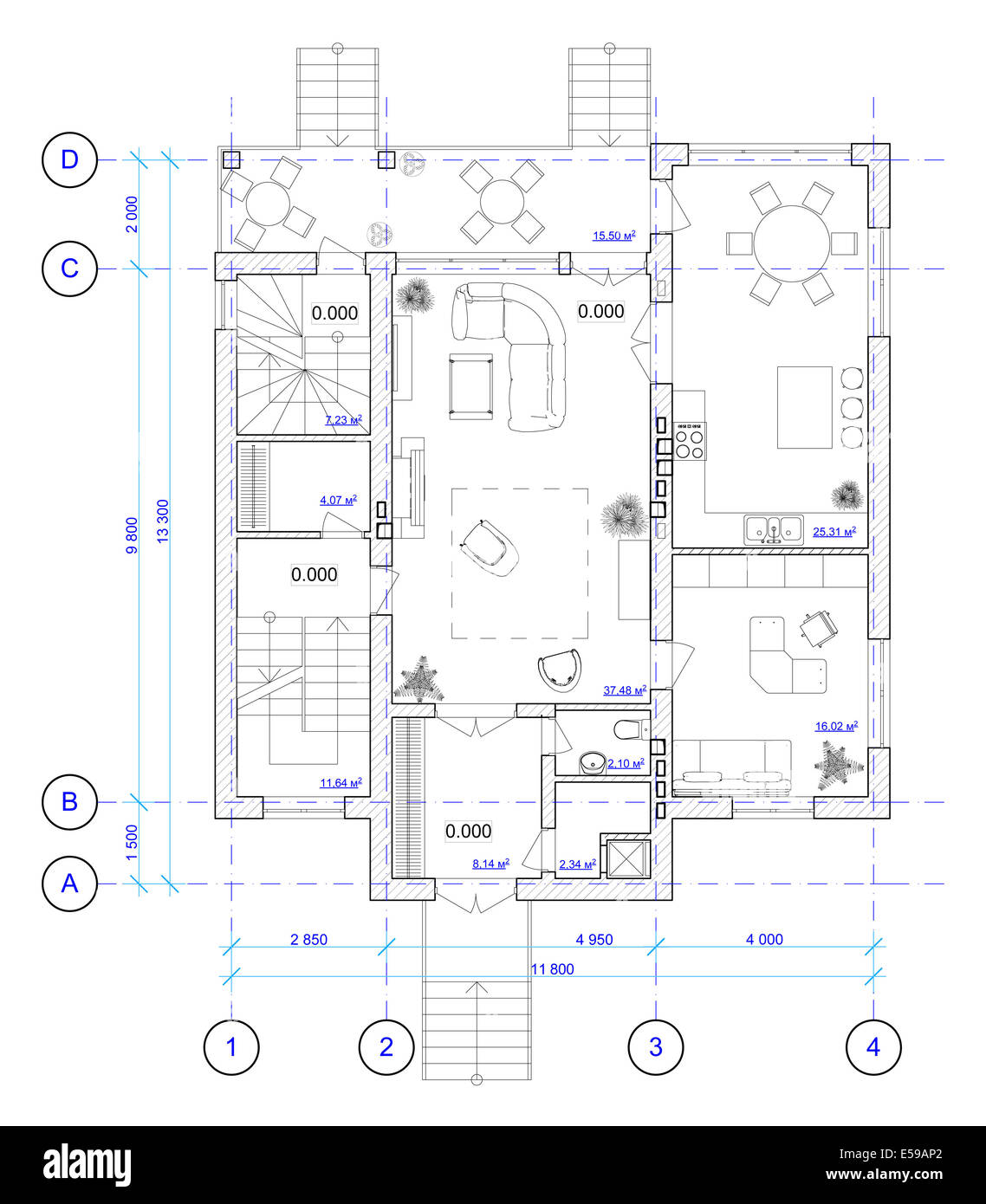 Architectural Black and White Plan of 1 floor of house with a placement of furniture (see other floors in my portfolio) Stock Photo