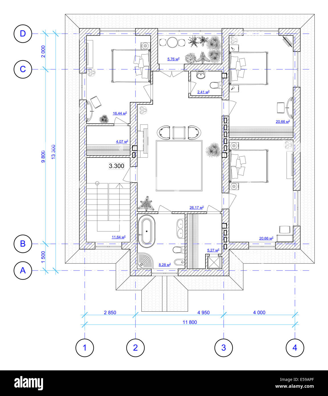 Architectural Black and White Plan of 2 floor of house with a placement of furniture (see other floors in my portfolio) Stock Photo
