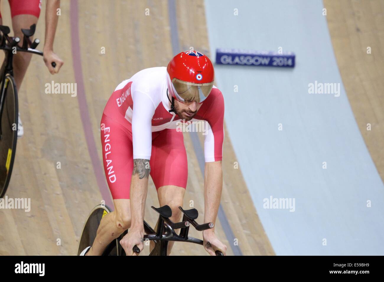Glasgow, Scotland, UK. 24th July 2014. Commonwealth Games day 1, Track Cycling. The England men's team pursuit riders set the second fastest time in qualifying. Bradley Wiggins, pictured, rode in the event. They meet Australia tonight. Credit:  Neville Styles/Alamy Live News Stock Photo