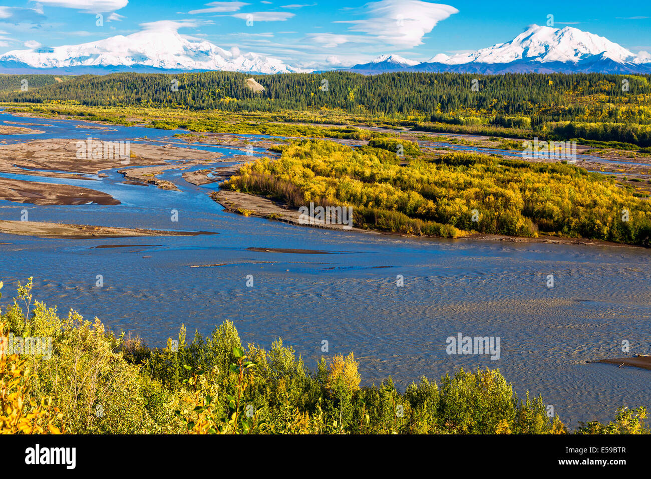 Gakona river and Wrangell Mountain Range in Alaska, USA Stock Photo