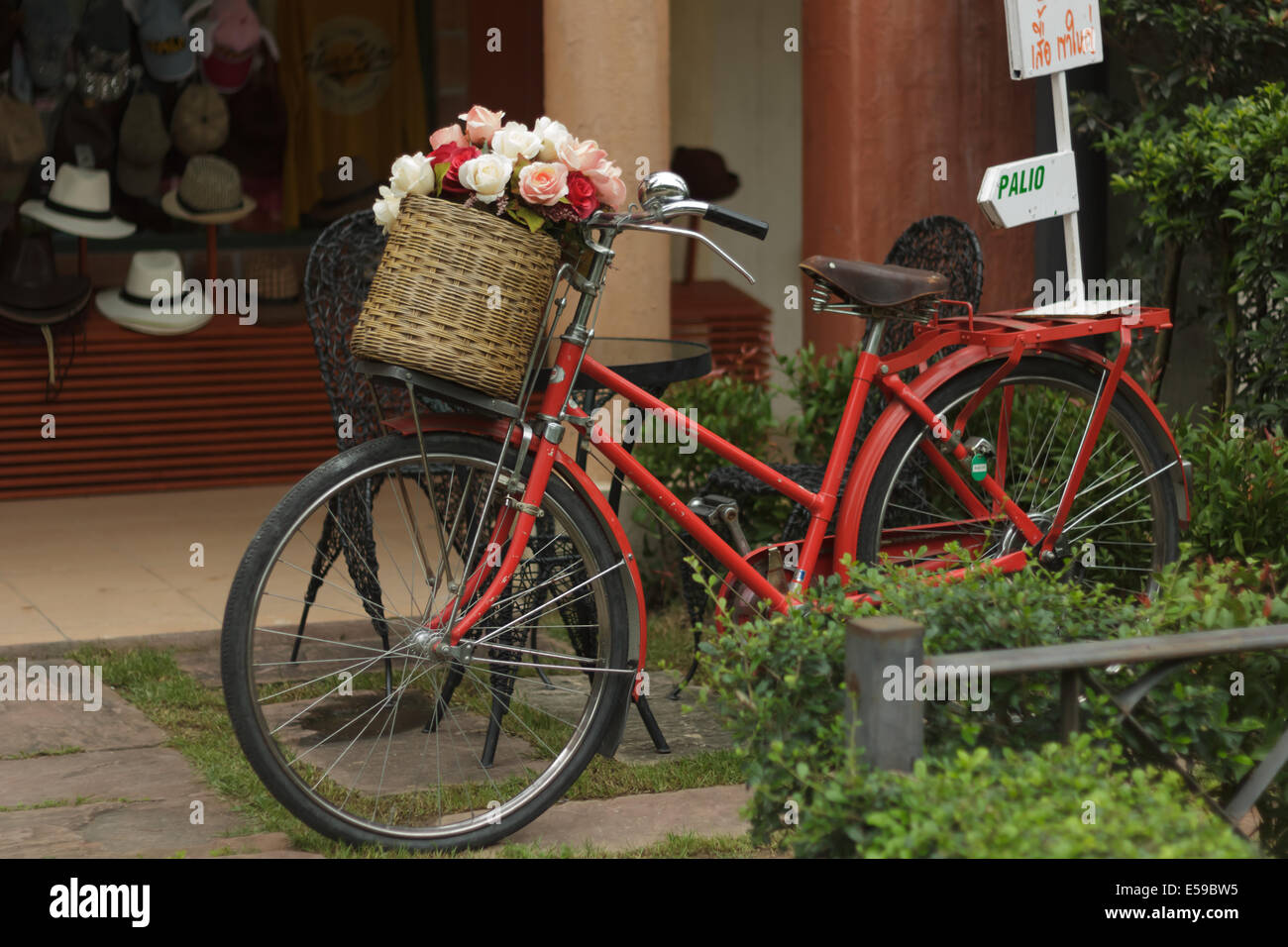 Bicycle decorated with flower pot Stock Photo