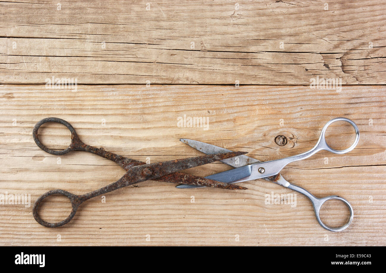 old tailor scissors  on the wooden background Stock Photo