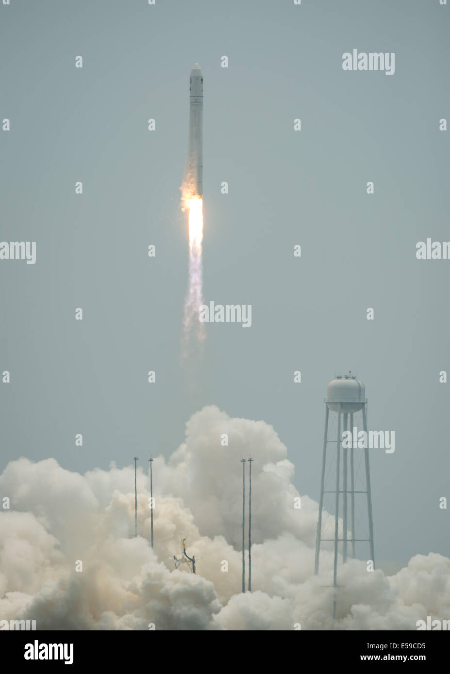 The Orbital Sciences Corporation Antares rocket launches from Pad-0A with the Cygnus spacecraft onboard, Sunday, July 13, 2014, at NASA's Wallops Flight Facility in Virginia. The Cygnus spacecraft is filled with over 3,000 pounds of supplies for the Inter Stock Photo