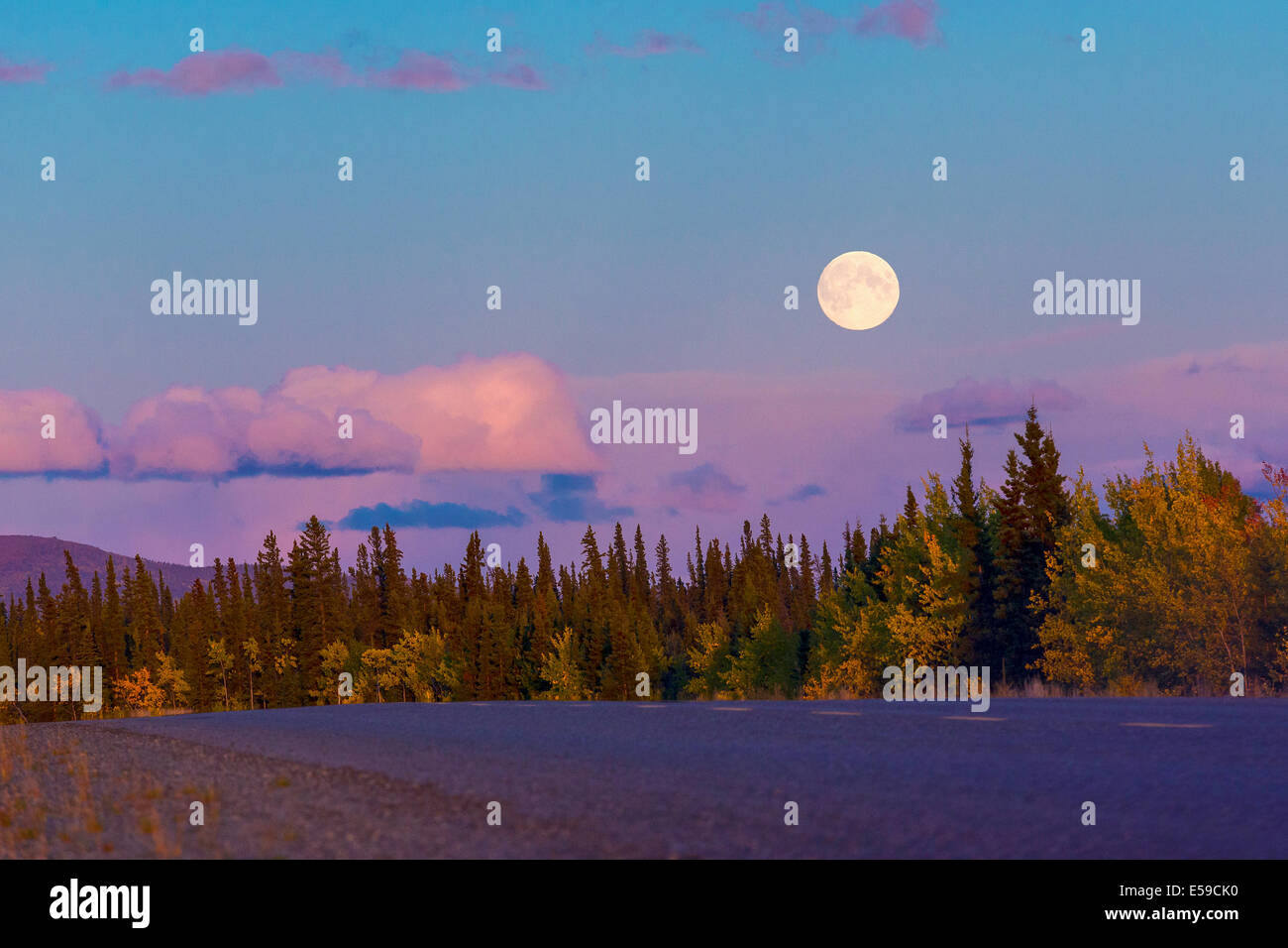 Full moon over Alaska Highway, USA Stock Photo