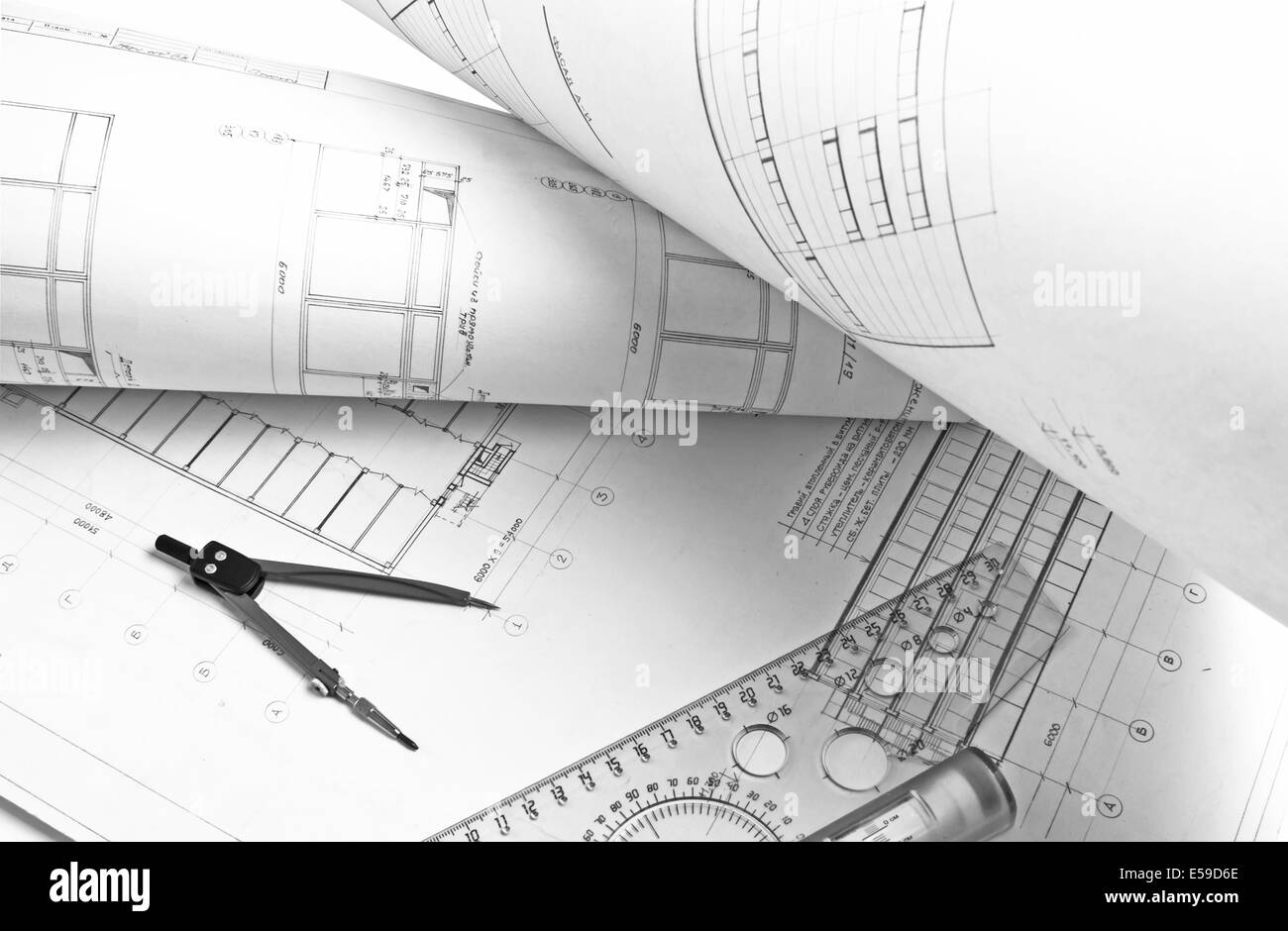 architectural drawing with a ruler and compass Stock Photo