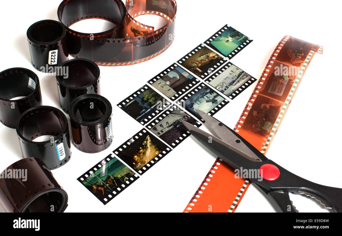 video editing of negative and positive film isolated on white