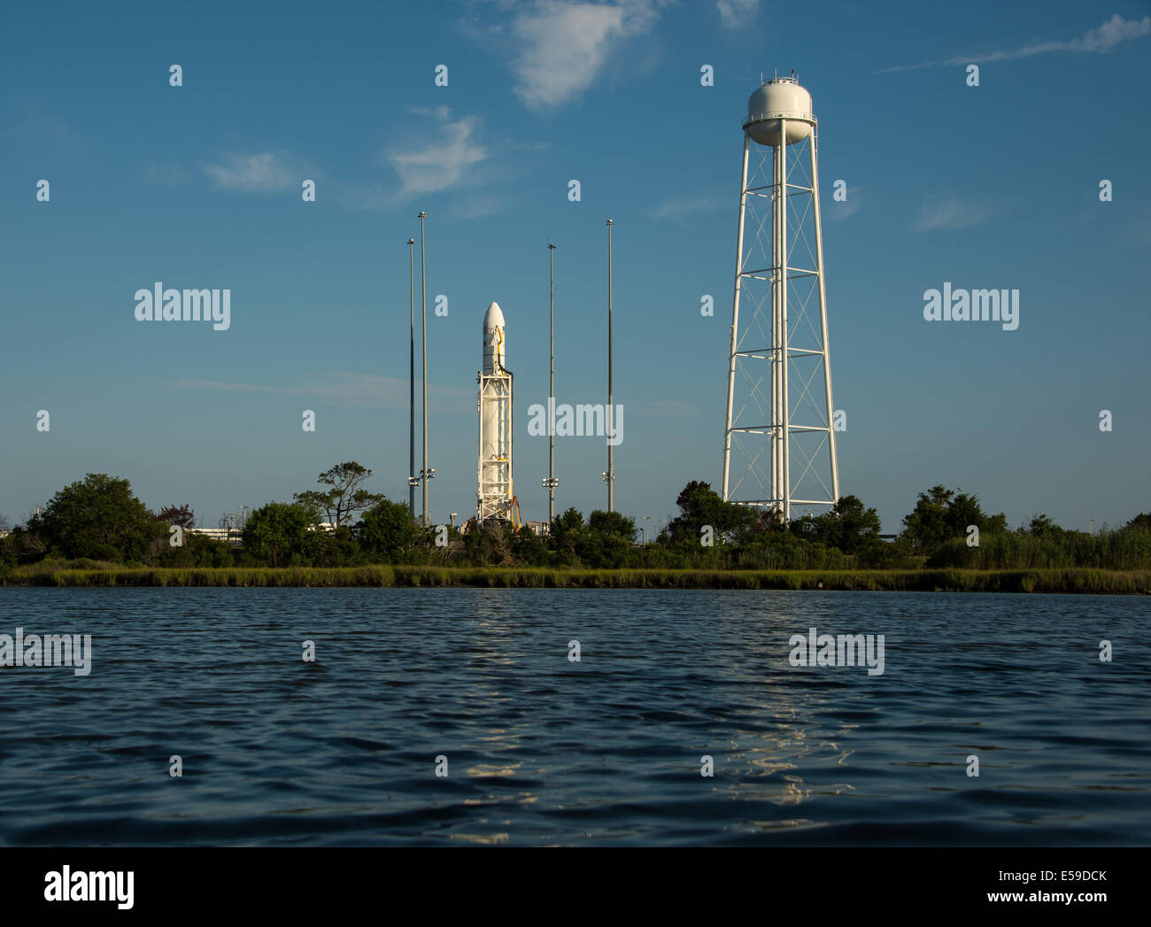 The Orbital Sciences Corporation Antares rocket, with the Cygnus spacecraft onboard, is seen, Saturday, July 12, 2014, at launch Pad-0A of NASA's Wallops Flight Facility in Virginia. The Antares will launch with the Cygnus spacecraft filled with over 3,00 Stock Photo