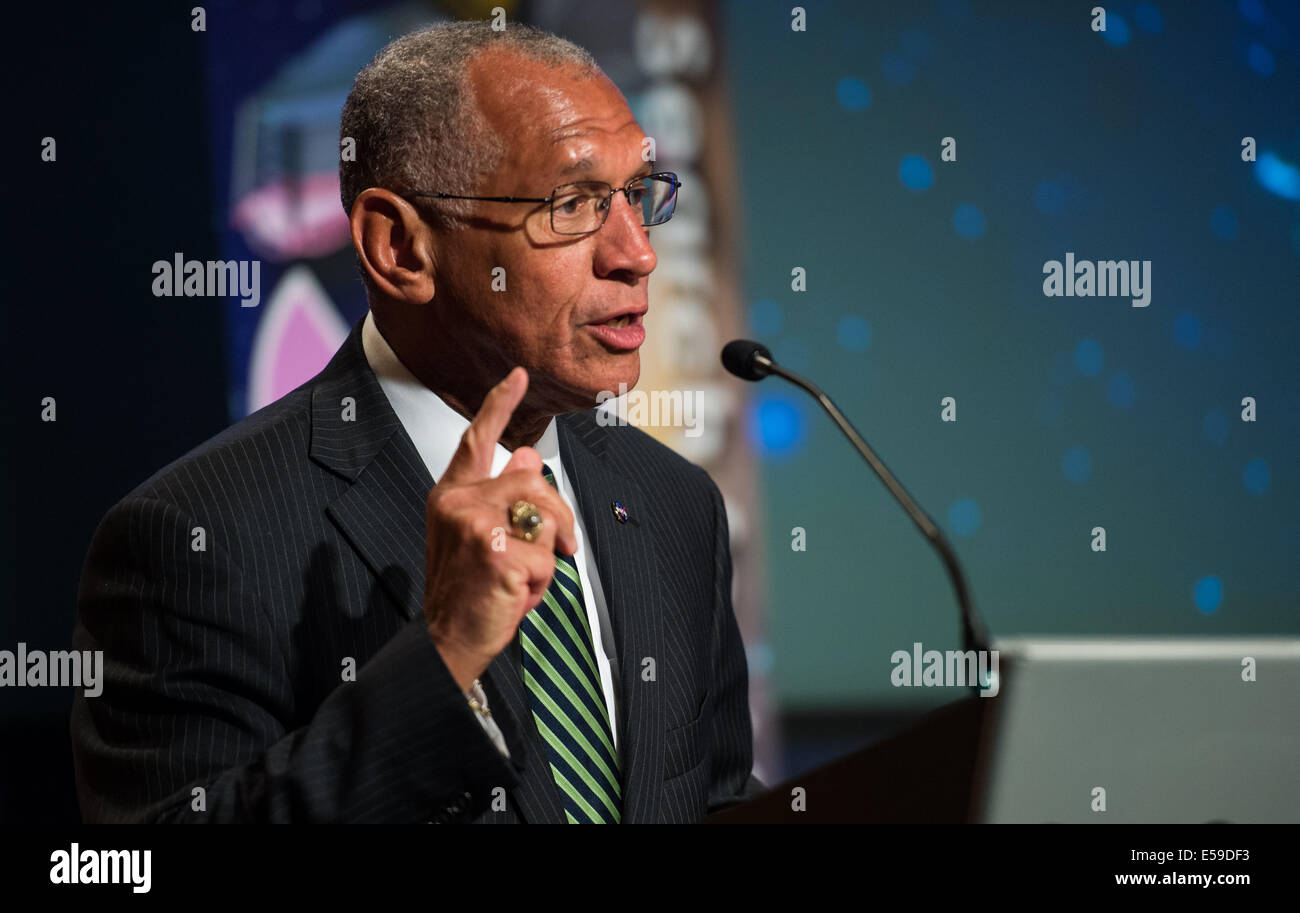 NASA Administrator Charles Bolden delivers opening remarks during a panel discussion on the search for life beyond Earth in the James E. Webb Auditorium at NASA Headquarters on Monday, July 14, 2014 in Washington, DC. The panel discussed how NASA's space- Stock Photo