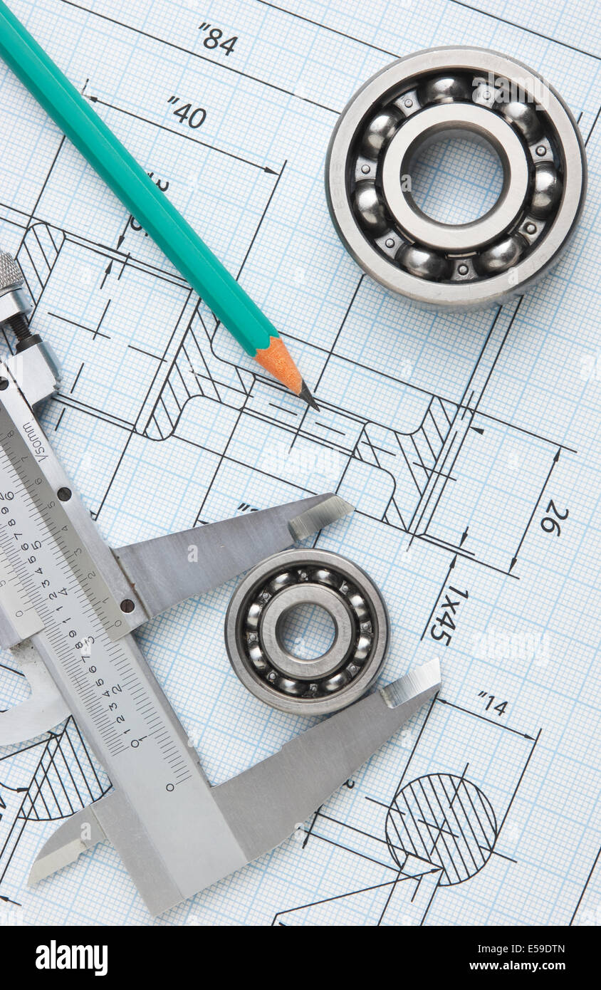 technical drawing and caliper with bearing Stock Photo Alamy
