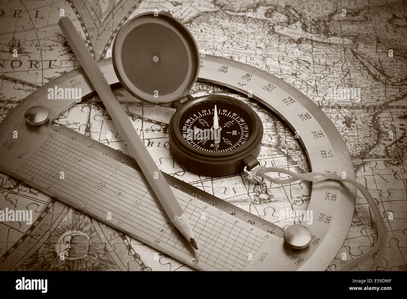 compass and protractor on the map Stock Photo - Alamy