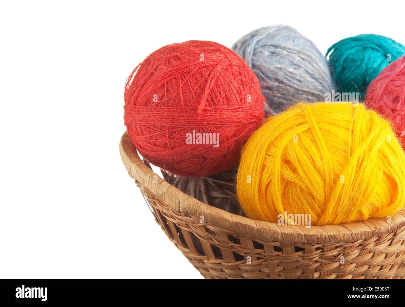 ball of wool and knitting needles in basket isolated on a white ...