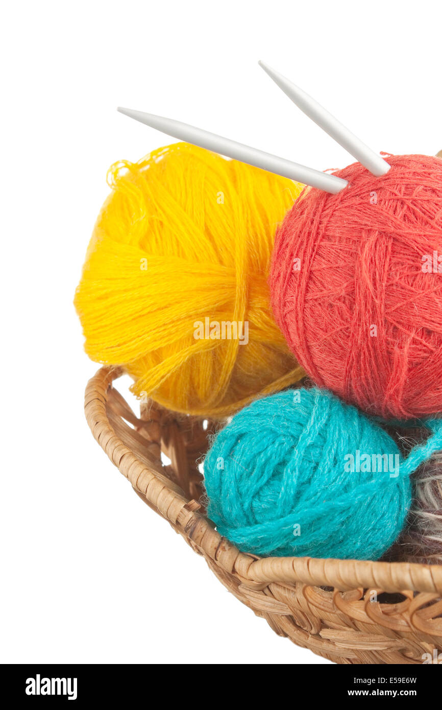 ball of wool and knitting needles in basket isolated on a white ...