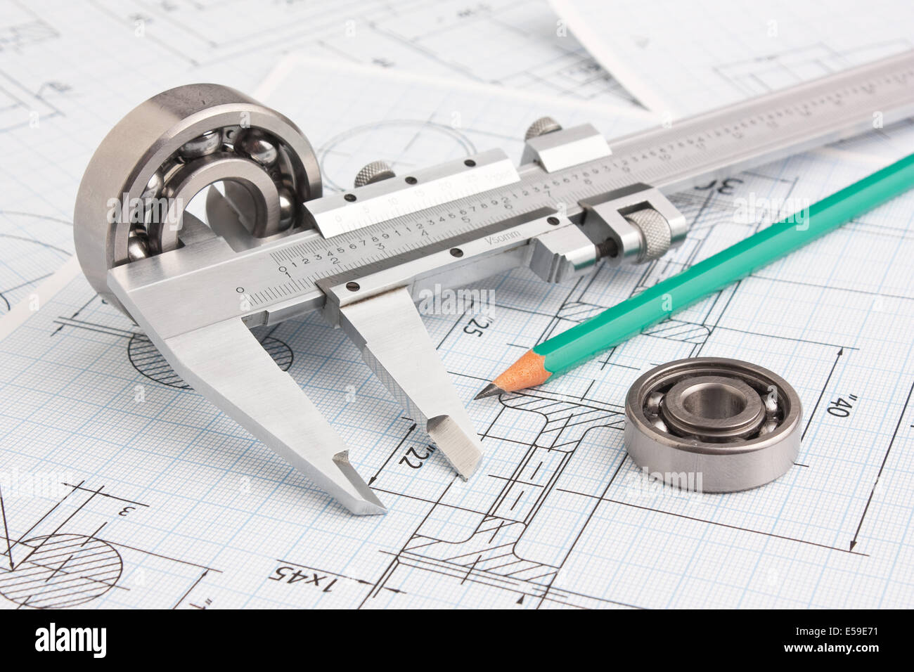 technical drawing and caliper with bearing Stock Photo Alamy
