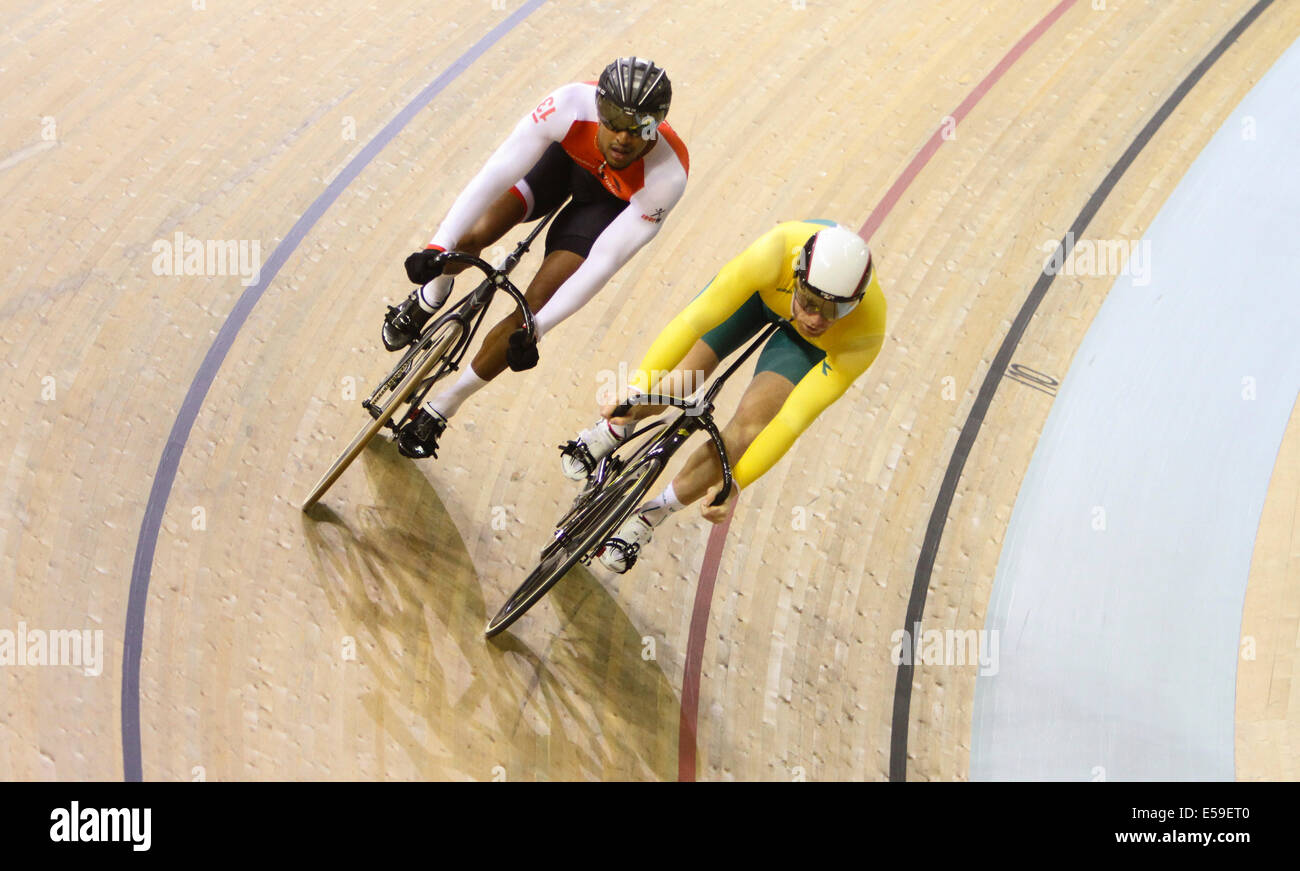 Glasgow, Scotland. 24th July, 2014. Glasgow Commonwealth Games. Men's Sprint First Round. Australian Peter Lewis wins his heat ahead of Njisane Phillip Credit:  Action Plus Sports/Alamy Live News Stock Photo