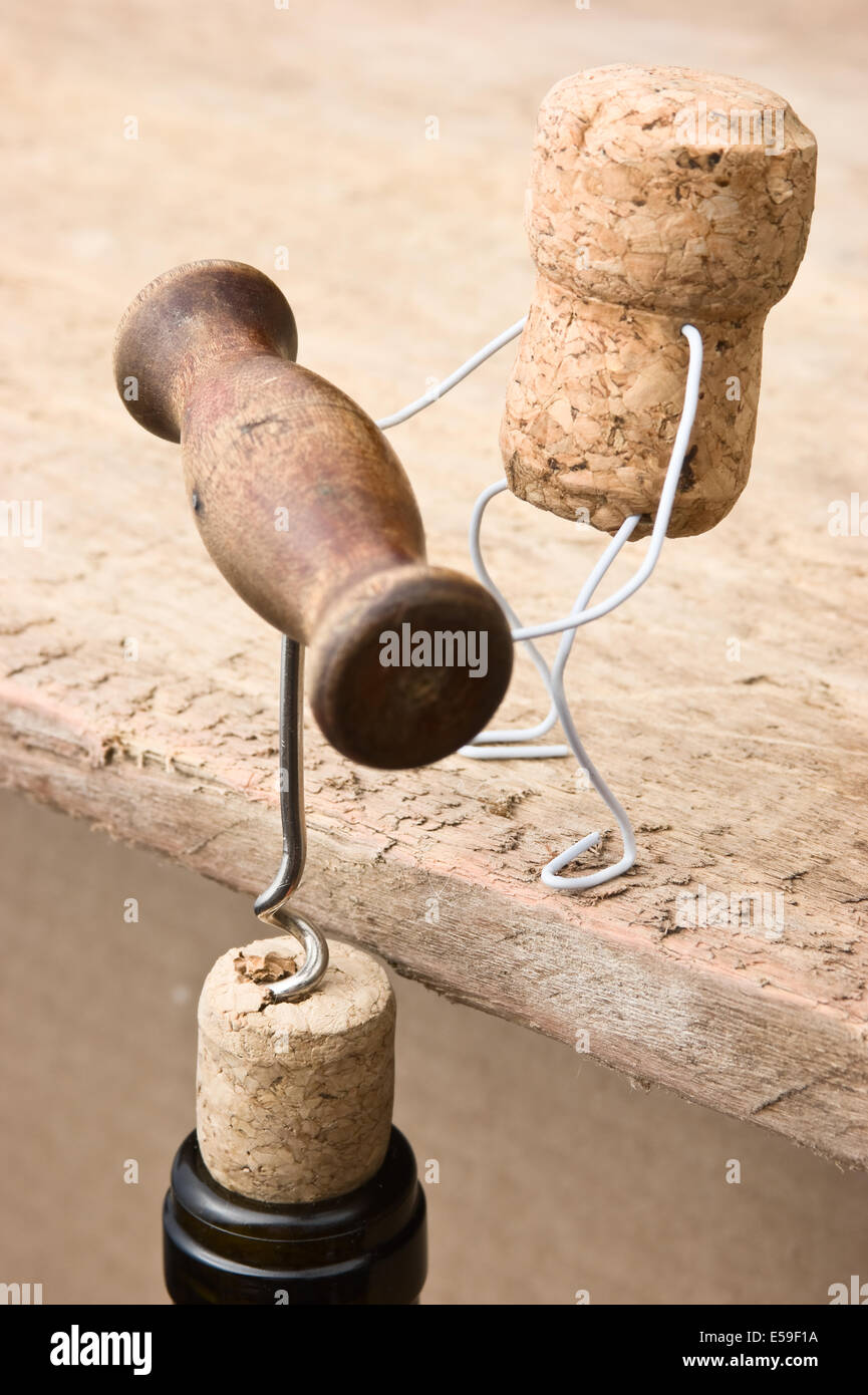 wine corks and bottle with corkscrew Stock Photo