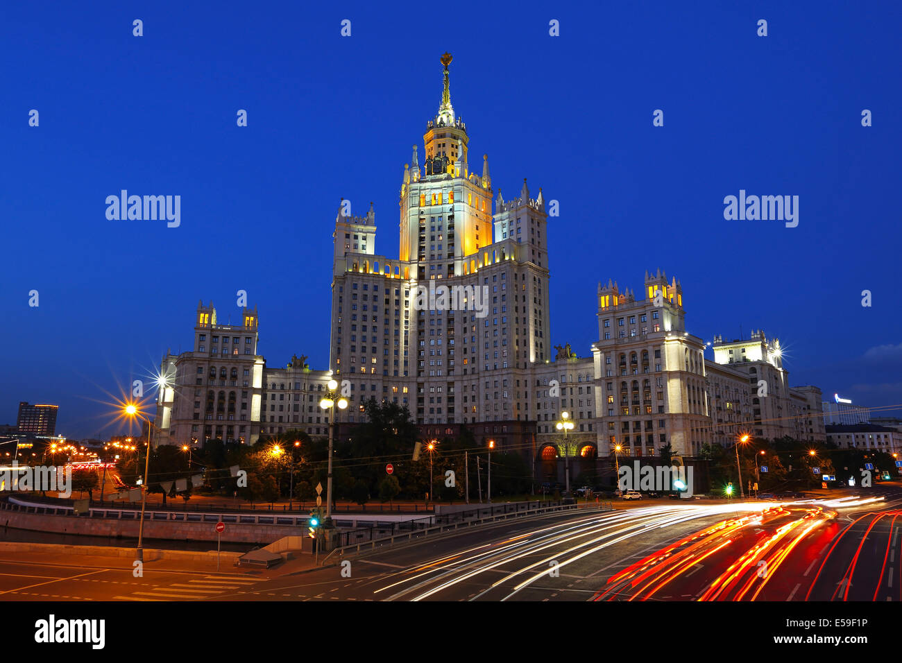 High-rise building on Kotelnicheskaya embankment in Moscow at night, Russia. Stock Photo