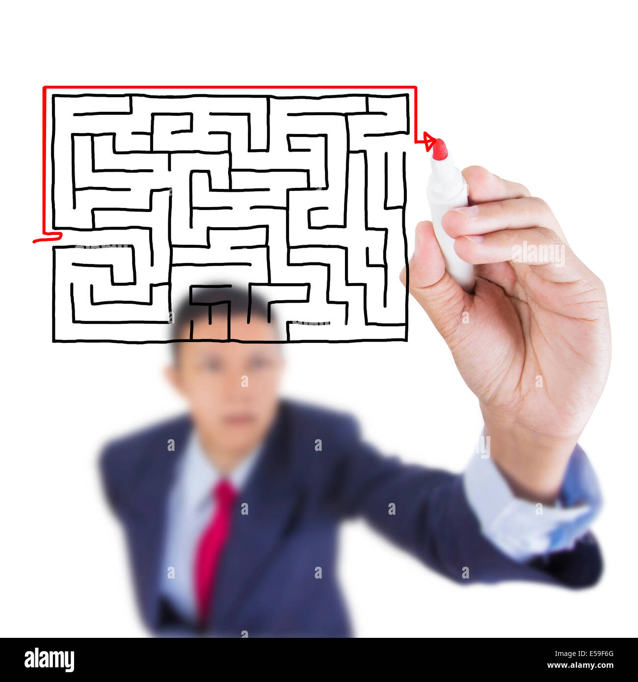 Concept business draw shortcut exit from maze problem above whiteboard white background Stock Photo