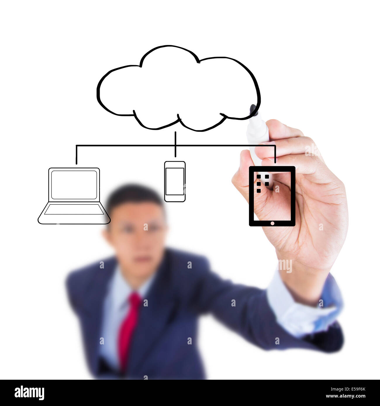 Concept business draw devices connect cloud computing solution above whiteboard white background Stock Photo