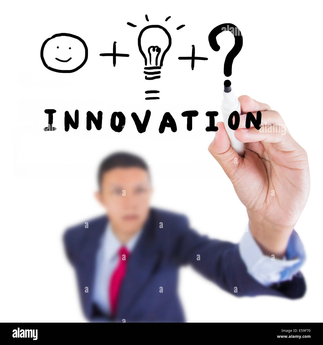 Concept business drawn what is necessary thing to combine man and idea for innovation on above whiteboard white background Stock Photo