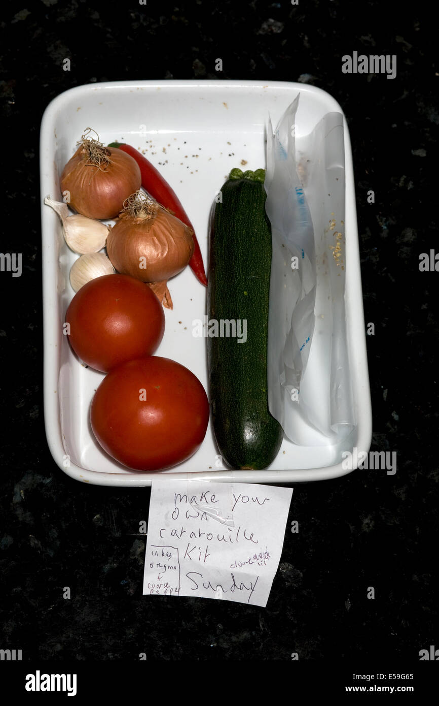 Ingredients,utensil and instructions for making ratatouille dish Stock
