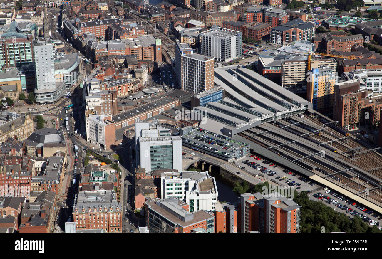 aerial view of Leeds City Station and City Square, UK Stock Photo