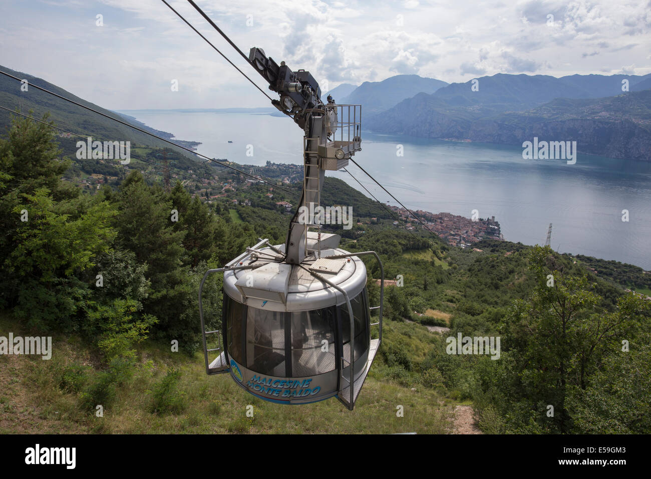 Cable car ascending Monte Baldo, Malcesine, Lake Garda, Italy. Stock Photo